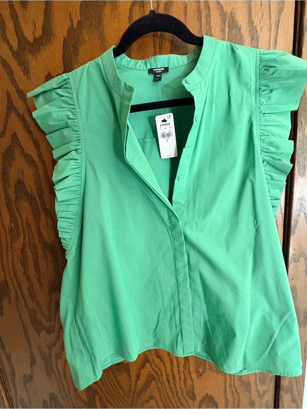 Express Women's Mint Green Ruffle Sleeve Button-Front Top